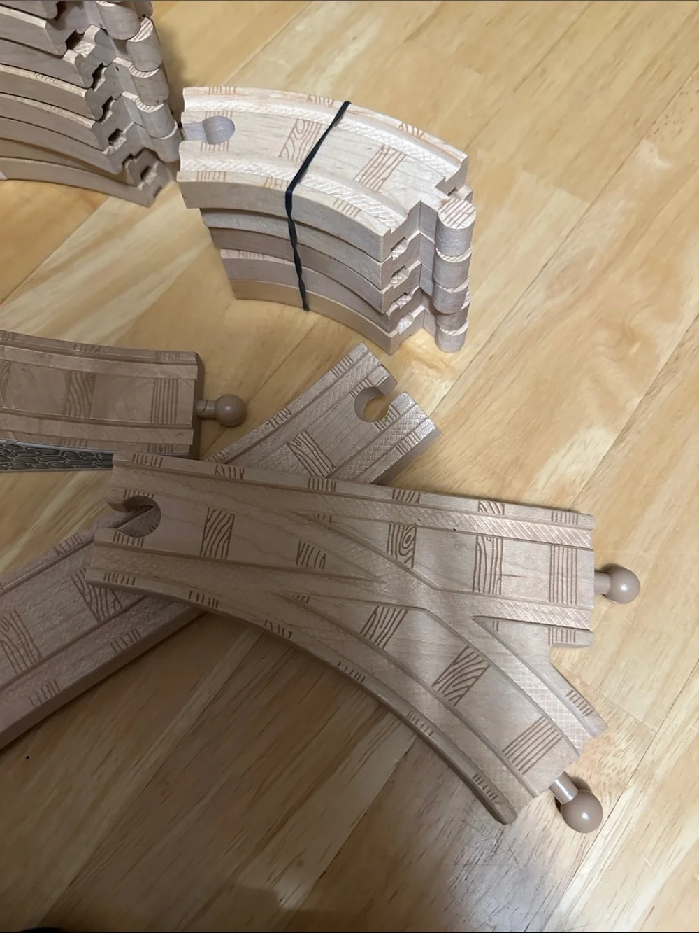 Wooden Train Track Set with Colorful Engine Cars - Green Roof Station